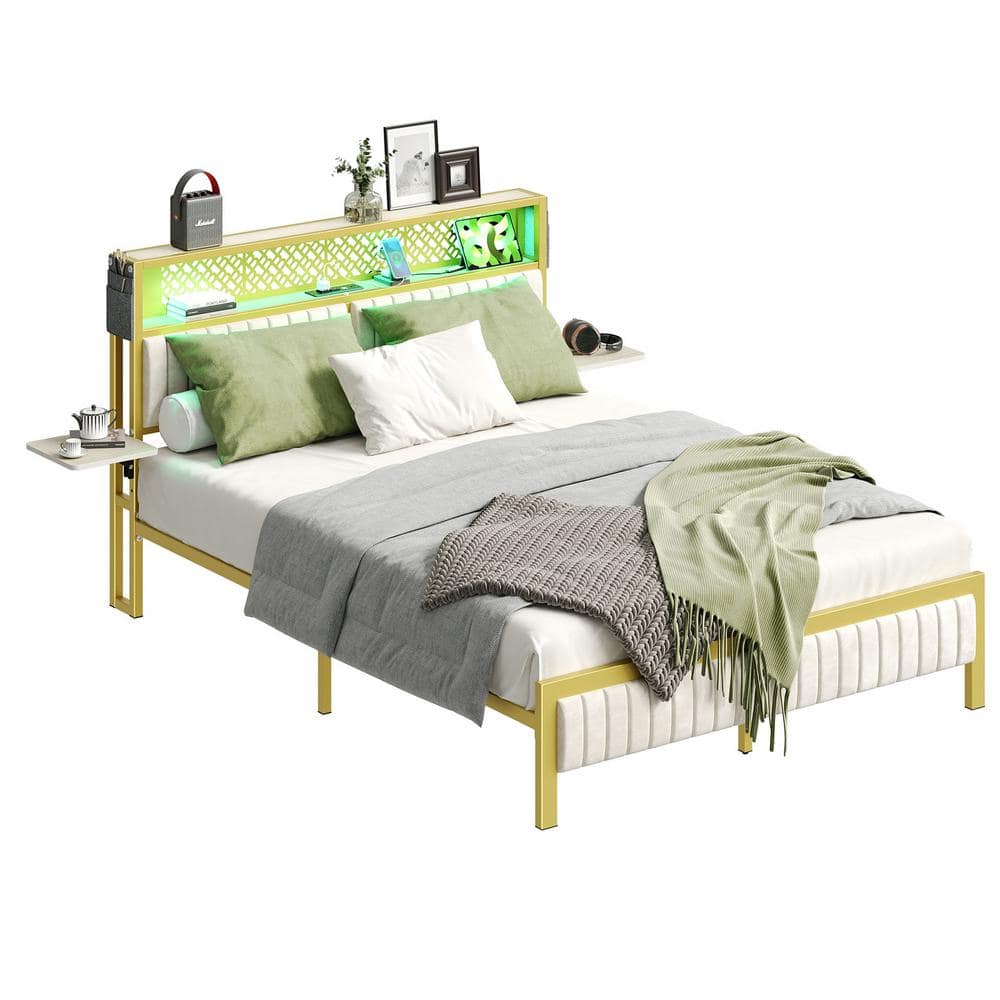 Off-White Queen Upholstered LED Platform Bed with Storage Headboard