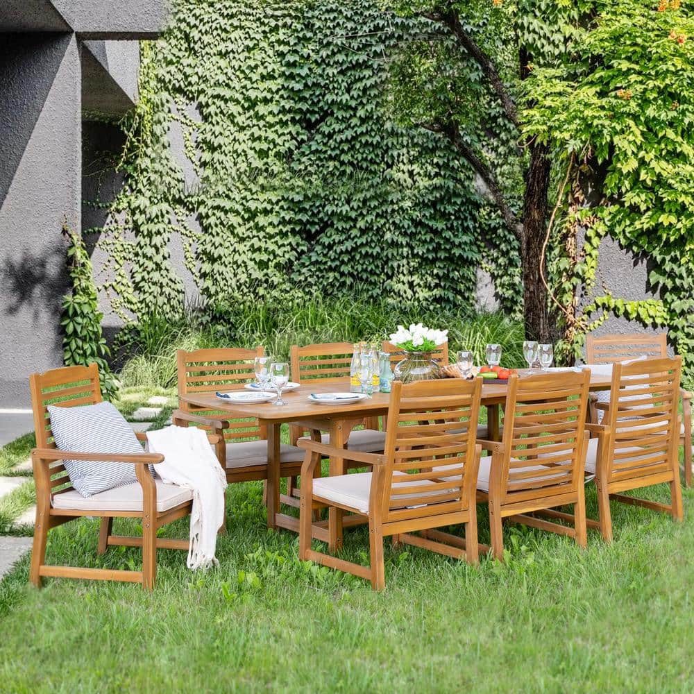 PHI VILLA Brown 9-Piece Wood Patio Outdoor Dining Set With