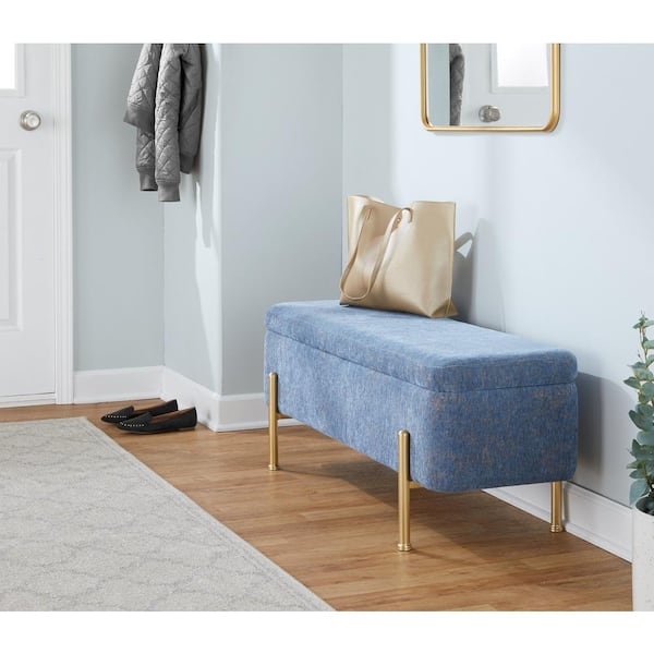 Lumisource Daniella Blue Fabric and Gold Metal Storage Bedroom Bench