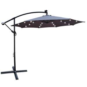 10 ft. Steel Cantilever Solar Powered LED Lighted Patio Umbrella in Medium Grey with Crank and Cross Base