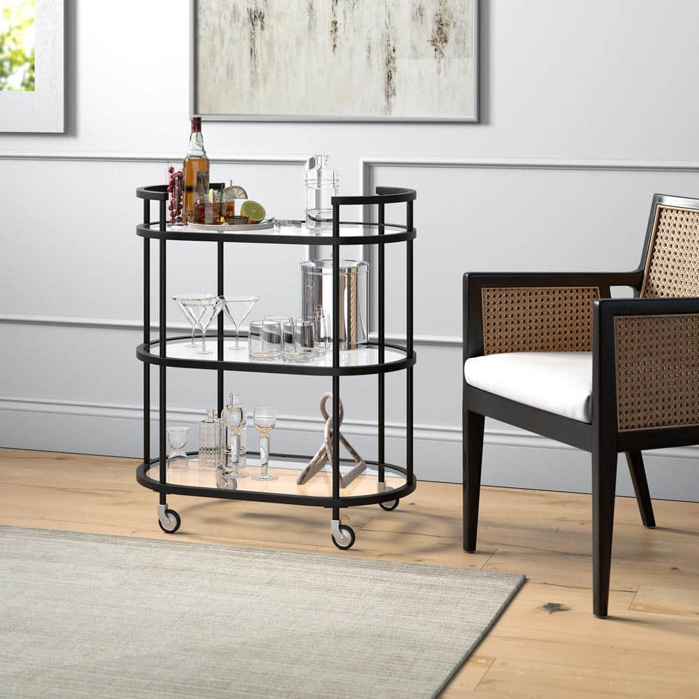 Modern Blackened Bronze 30" Wide Round Bar Cart with Tempered Glass Shelves