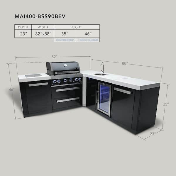MONT ALPI Black 4-Burner L-shaped Outdoor Kitchen + Refrigerator