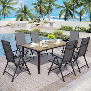 7-Piece Metal Outdoor Dining Set with Brown Rectangular Table-Top and Black Folding Chairs