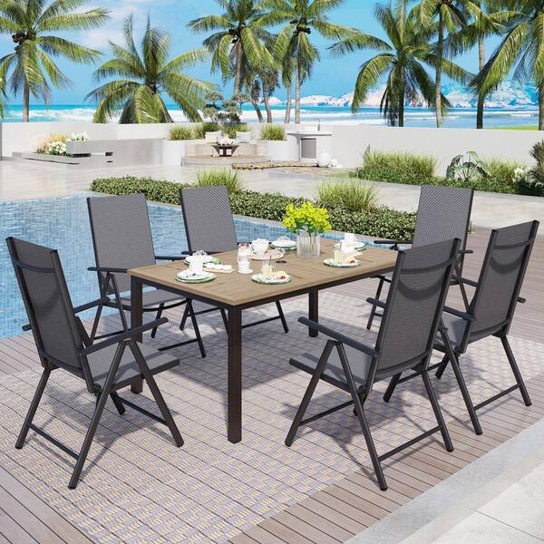 PHI VILLA 7-Piece Metal Outdoor Dining Set with Brown Rectangular 