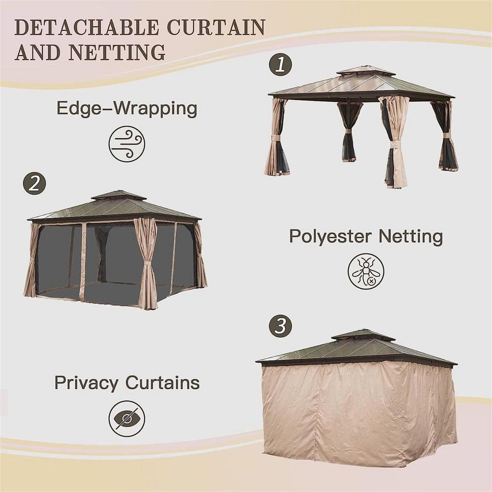 12'x12' Brown Aluminum Hardtop Patio Gazebo with Curtains