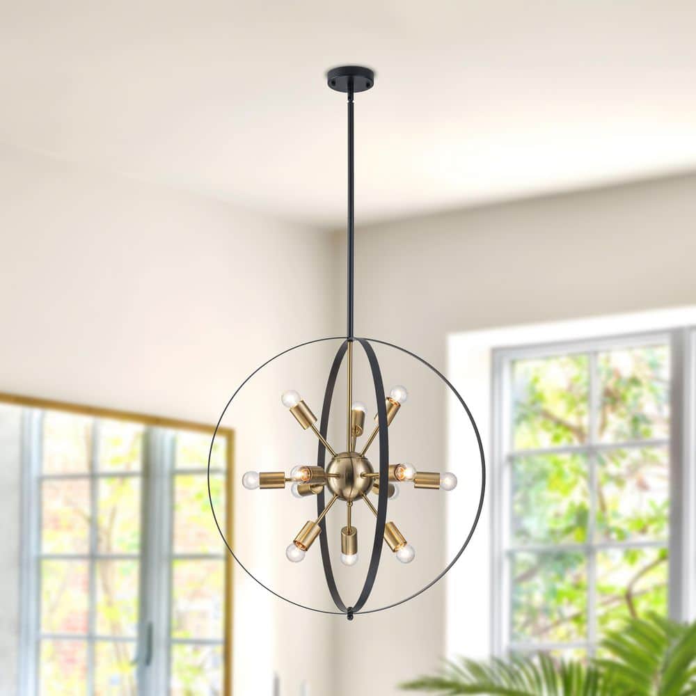 TinHon 25 in. 12-Light Modern Black and Gold Globe Chandelier