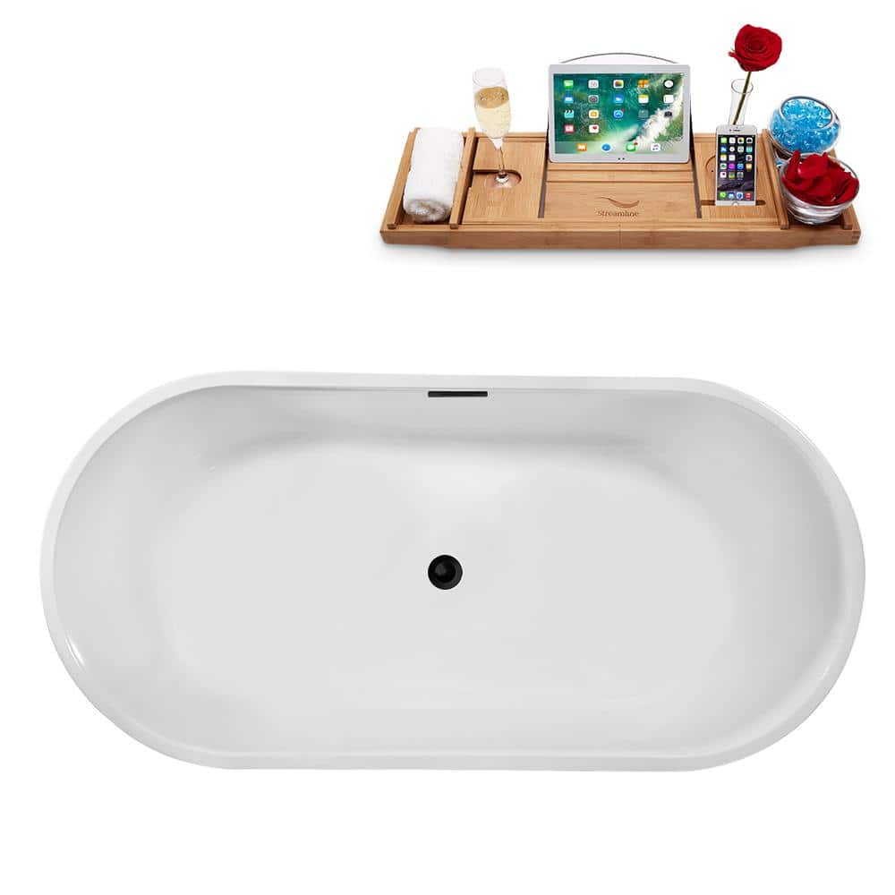 Glossy White Freestanding Acrylic Bathtub with Bamboo Tray