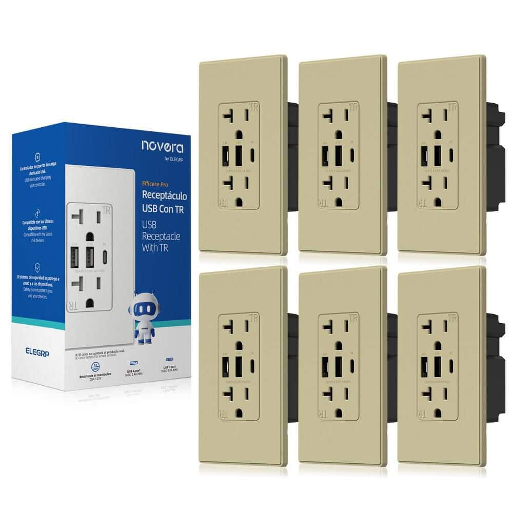 30W 6.0 Amp 3-Port USB Wall Outlet, 20A Duplex Receptacle with Dual USB Ports, w/Srewless Wall Plate, Matte Ivory 6PC price history on PriceWatchPro