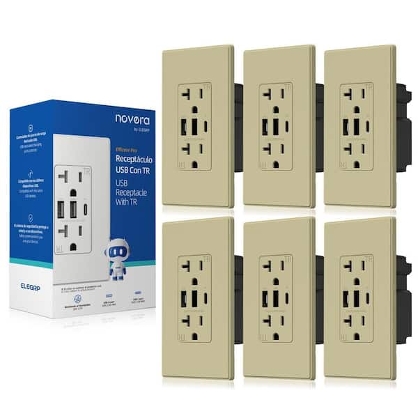 30W 6.0 Amp 3-Port USB Wall Outlet, 20A Duplex Receptacle with Dual USB Ports, w/Srewless Wall Plate, Matte Ivory 6PC