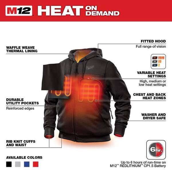 Milwaukee Men S X Large M12 12 Volt Lithium Ion Cordless Black Heated Hoodie Kit With 1 1 5ah Battery And Charger 302b 21xl The Home Depot