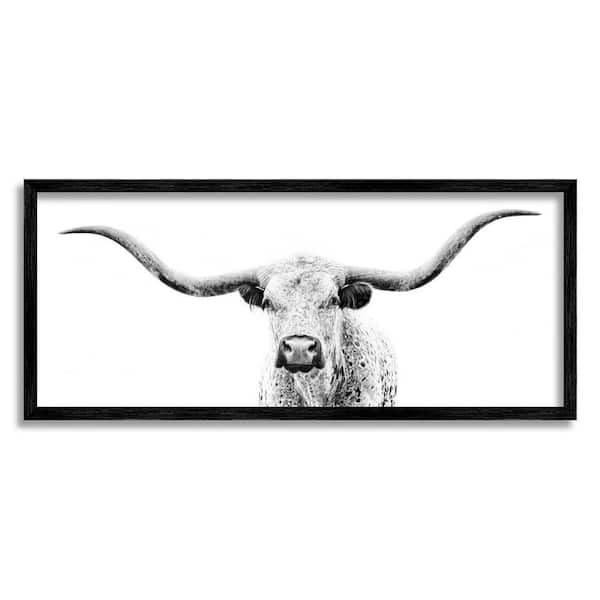 Longhorn Cattle Gazing Modern White Photography Design Design By PHBurchett Framed Animal Art Print 30 in. x 13 in.