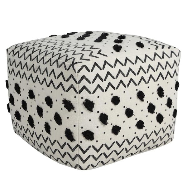 Unbranded Textured Black / White 18 in. x 18 in. x 14 in. Dot and Geometric Arrow Pouf Ottoman