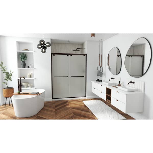 Encore 60 in. W x 76 in. H Semi-Frameless Sliding Shower Door in Oil Rubbed Bronze with Frosted Glass