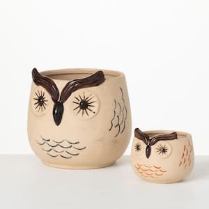 5.75" and 3" Kitschy Brown Owl Ceramic Planter (Set of 2)