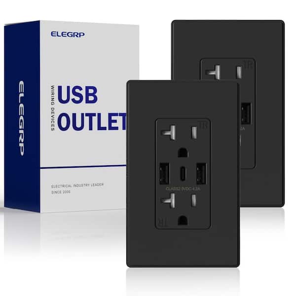 ELEGRP 21W USB Wall Outlet w/Dual Type A and Type C USB Ports, 20 Amp Tamper Resistant Outlet, w/Wall Plate, Black (2 Pack)