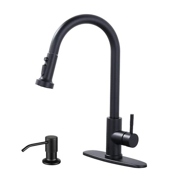 Single Handle Pull Down Sprayer Kitchen Faucet with 3-Mode Sprayer and Soap Dispenser in Matte Black
