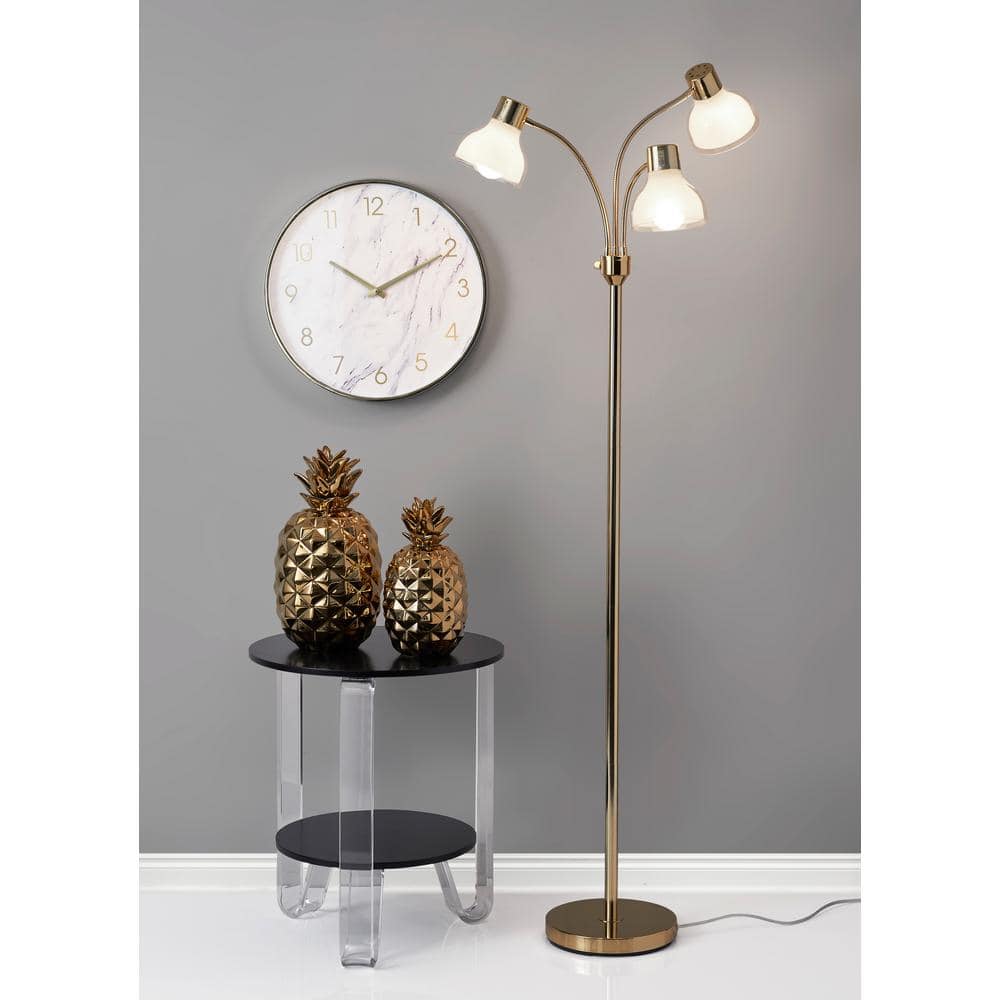 Presley Adjustable 3-Arm Arc Floor Lamp in Shiny Gold with Frosted Shade