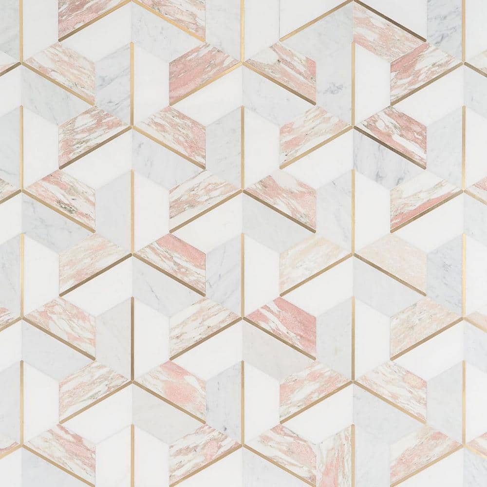 Rosa Marble and Brass Geometric Mosaic Tile Sheet