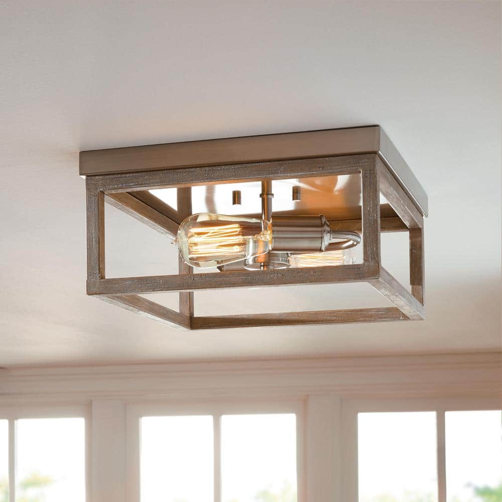 Boswell Quarter 12 in. 2-Light Brushed Nickel with Weathered Wood Accents Coastal Flush Mount for Bedrooms with Bulbs price history on PriceWatchPro