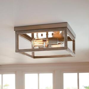 Boswell Quarter 12-1/2 in. 2-Light Brushed Nickel Farmhouse Flush Mount with Painted Weathered Gray Wood Accents