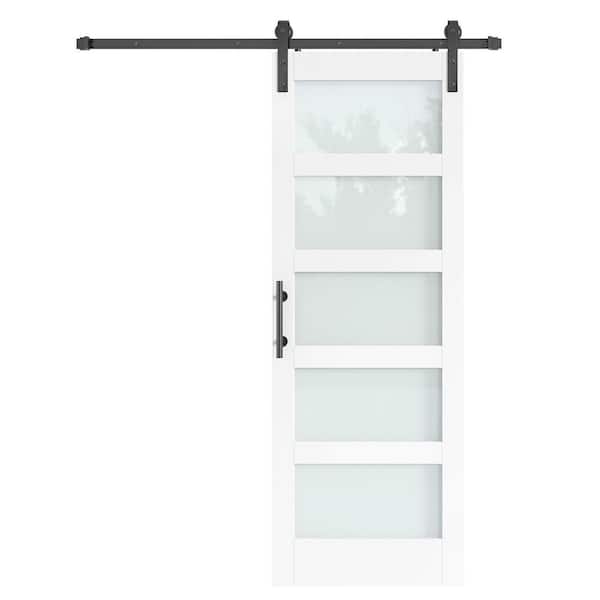 easelife 24 in. x 84 in. 5-Lite Frosted Glass White Finished MDF Sliding Barn Door with Hardware Kit