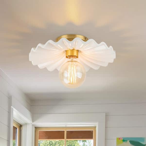 Lotus 11.8 in. 1-Light Aged Brass Semi- Flush Mount with White Ceramic Shade