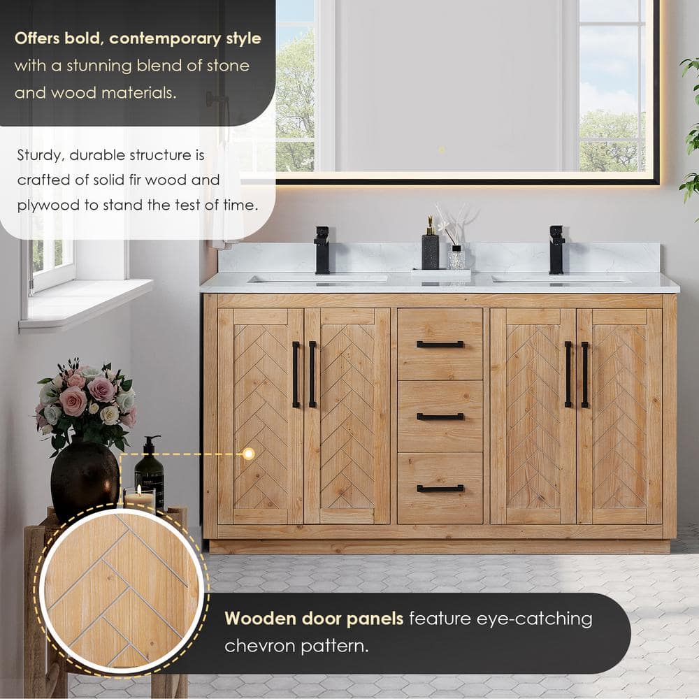 Anais 60" Light Brown Wood Vanity with White Stone Top