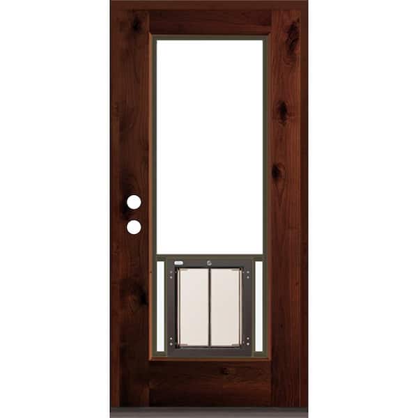 Krosswood Doors 36 in. x 80 in. Right-Hand/Inswing Full Lite Clear Glass Red Mahogany Stain Wood Prehung Front Door with Large Dog Door