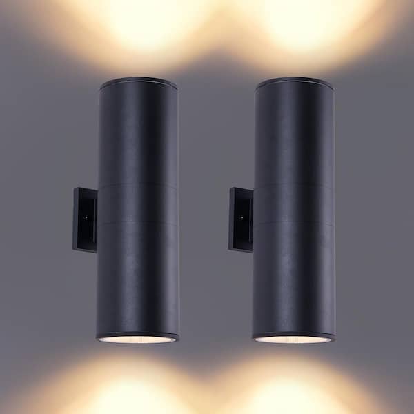 18 in. 2-Light Black Die-Cast Aluminum Cylinder Outdoor Hardwired Wall Lantern Sconce with No Bulbs Included (2-Pack)