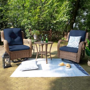 Yellow 3-Piece Wicker Swivel Outdoor Rocking Chair with Premium, Soft Fabric, Blue Cushions and Matching Side Table