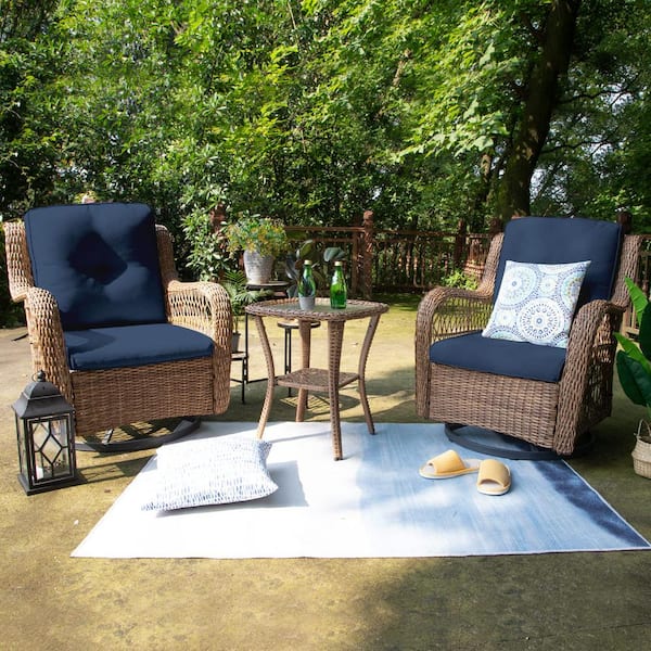 Unbranded Yellow 3-Piece Wicker Swivel Outdoor Rocking Chair with Premium, Soft Fabric, Blue Cushions and Matching Side Table