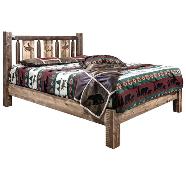 Homestead Collection Medium Brown Full Laser Engraved Bronc Motif Platform Bed