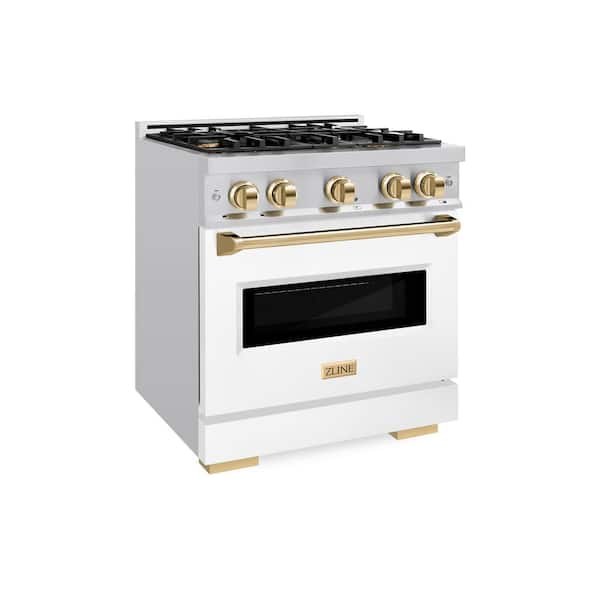 Classic 30 in. 4-Burner Gas Range with Gas Convection Oven in Stainless Steel, Matte White and Polished Gold
