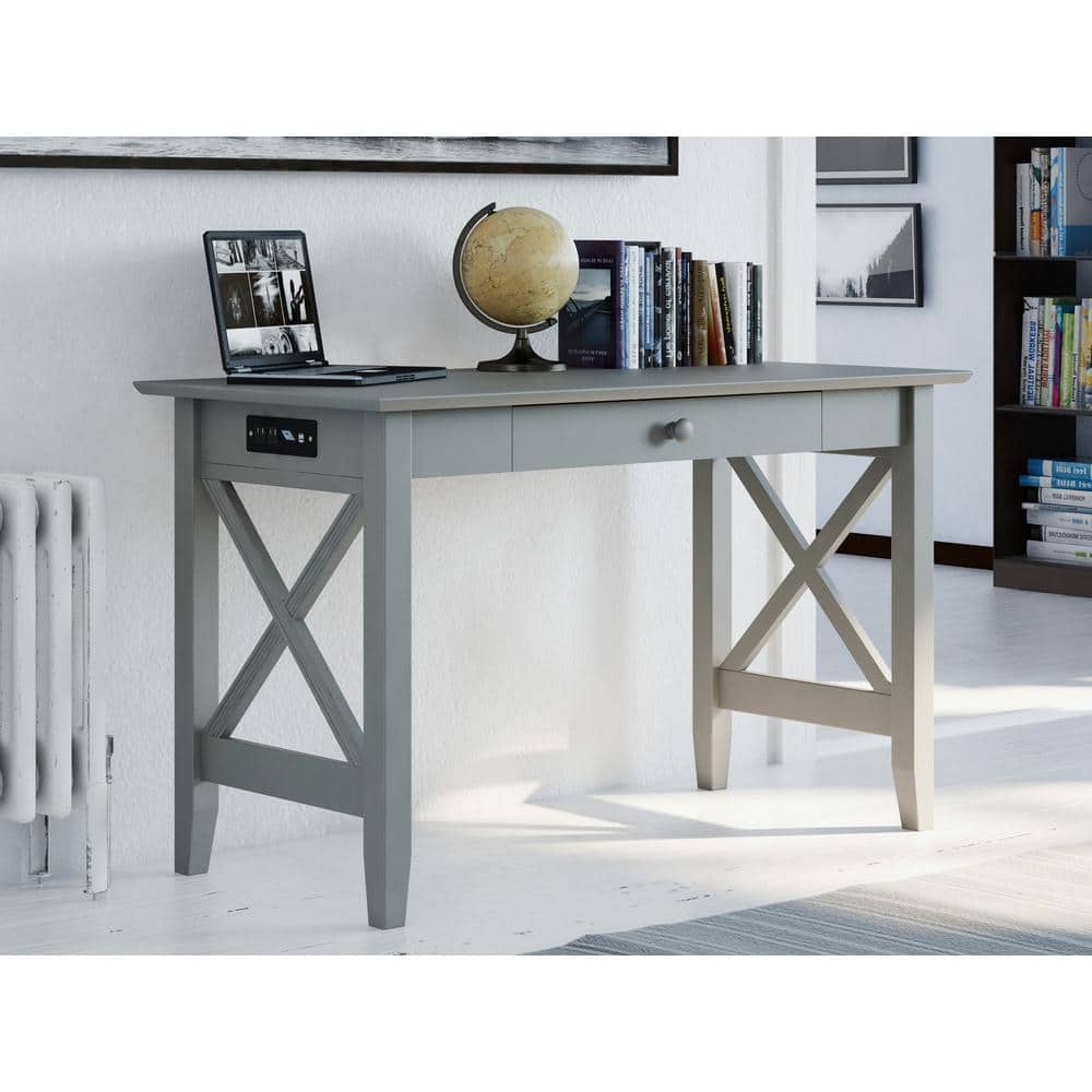 Gray Solid Wood Desk with Drawer and Charging Station