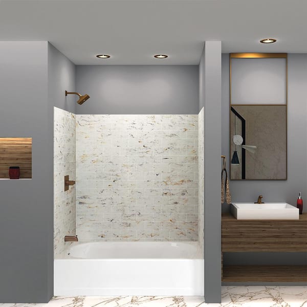 SaraMar 36 in. x 60 in. x 60 in. 3-Piece Easy Up Adhesive Alcove Tub Surround in Biscotti Marble