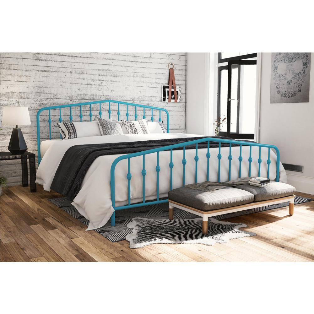Sea Blue King Metal Frame Upholstered Bed with Drawer