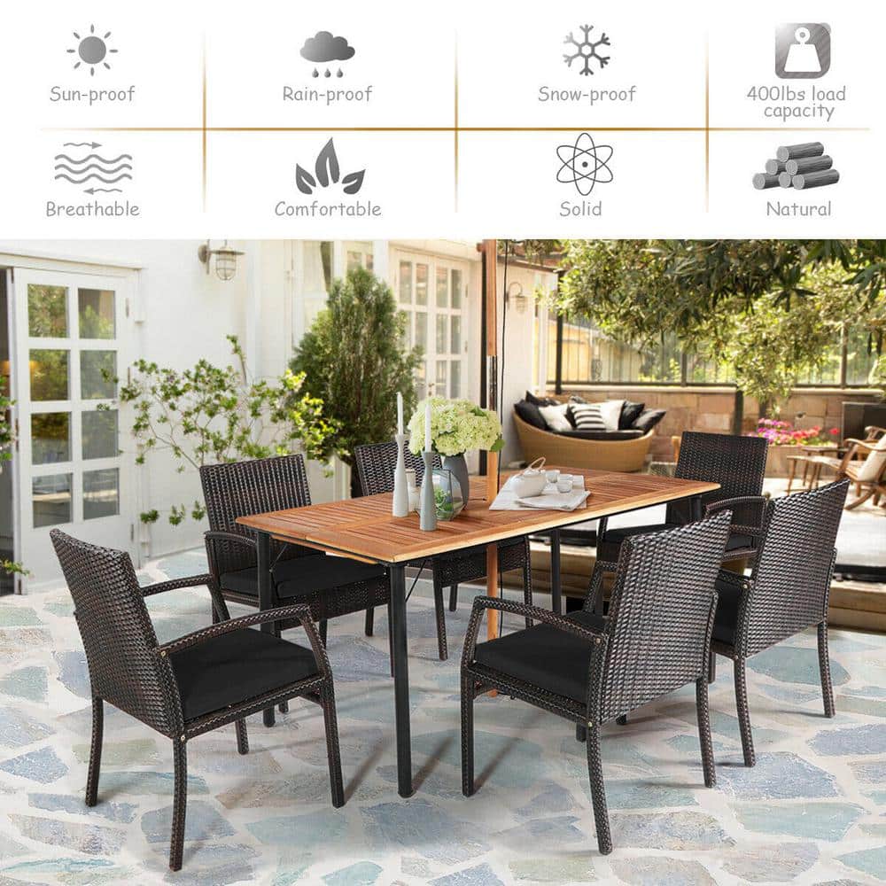 7-Piece Black Wicker and Acacia Wood Outdoor Dining Set