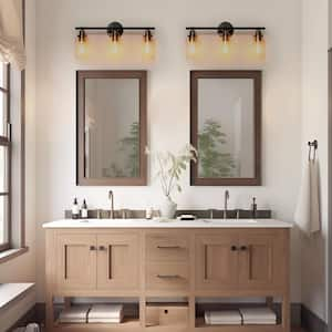 23 in. 3-Light Matte Black Vanity Light with Clear Glass Shades and Gold Socket for Bathroom, Dimmable