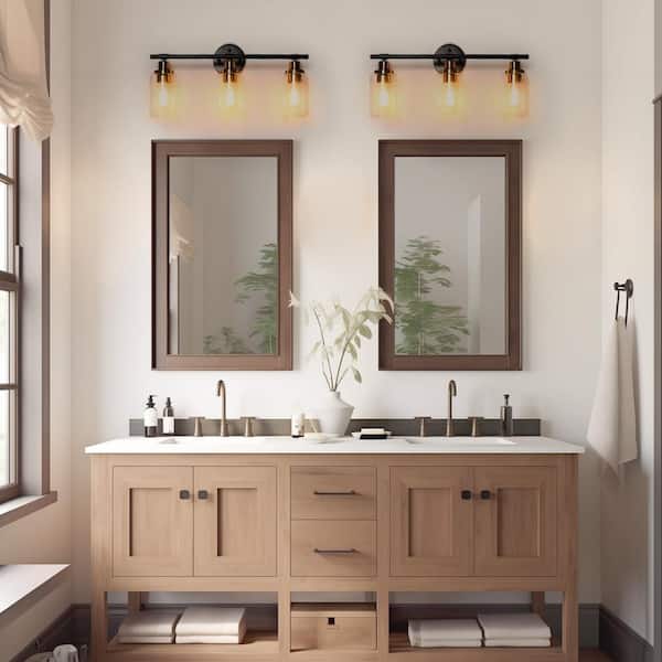 23 in. 3-Light Matte Black Vanity Light with Clear Glass Shades and Gold Socket for Bathroom, Dimmable