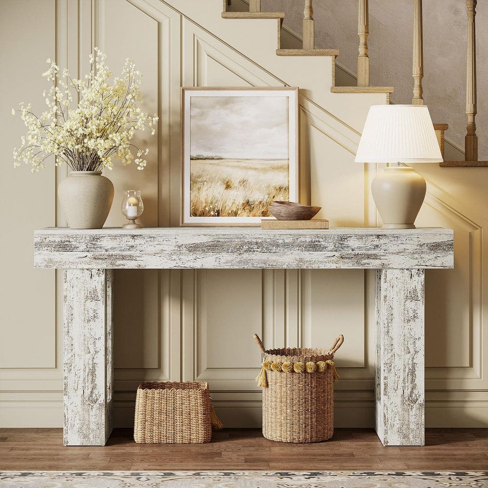 BYBLIGHT Turrella 63 in. W Distressed White Rectangle Wood Sofa Console ...