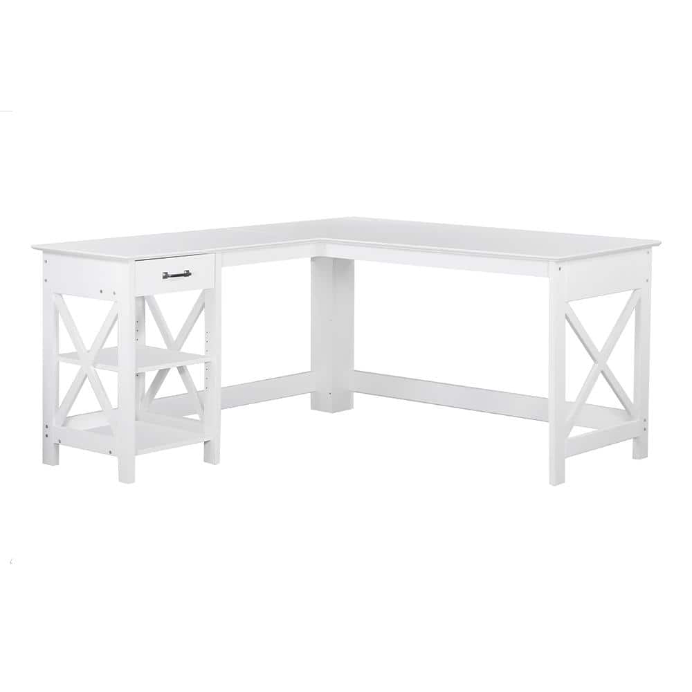 White Wood Corner Writing Desk with Drawer and Filing Cabinet