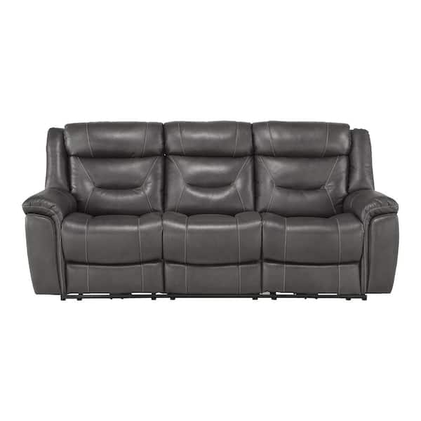 EVERGLADE HOME Barbal 86.5 in. W Flared Arm Leather Straight Power Double Reclining Sofa in Dark Gray
