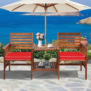 Acacia Wood Loveseat Patio Outdoor Conversation Set w/Table Red Cushion