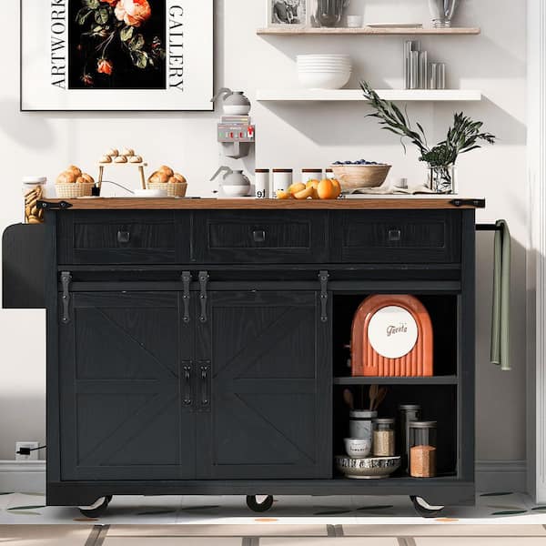Timussi Black Rubber Wood Kitchen Cart with Drop Leaf and Power Outlet