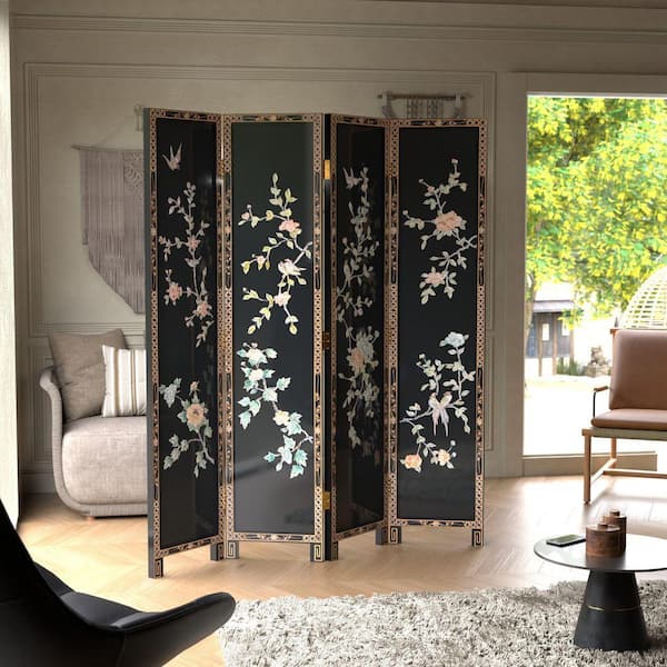 Red Lantern 6 ft. Black 4-Panel Birds and Flowers Room Divider L3