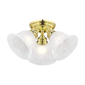 Woodside 14.5 in. 3-Light Polished Brass Industrial Semi Flush Mount with Alabaster Glass and No Bulbs Included