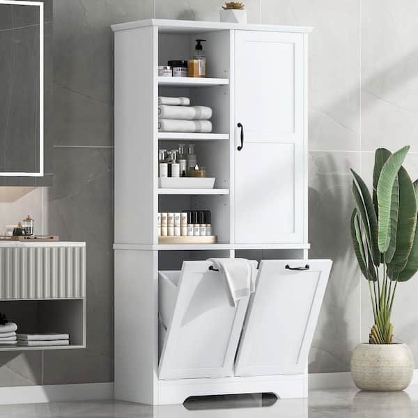 31 in. W x 14 in. D x 68 in. H White MDF Freestanding Linen Cabinet w/ 1 Door, Tilt-Out Laundry Hamper and Open Shelves