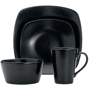 Colorscapes Black-on-Black Swirl 4-Piece (Black) Porcelain Square Place Setting, Service for 1