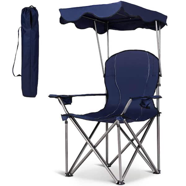 Costway Blue Portable Folding Beach Canopy Chair with Cup Holders Bag Camping Hiking Outdoor