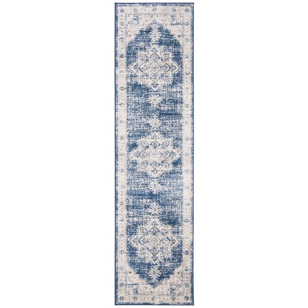 Brentwood Ivory/Navy 2 ft. x 12 ft. Floral Medallion Border Runner Rug